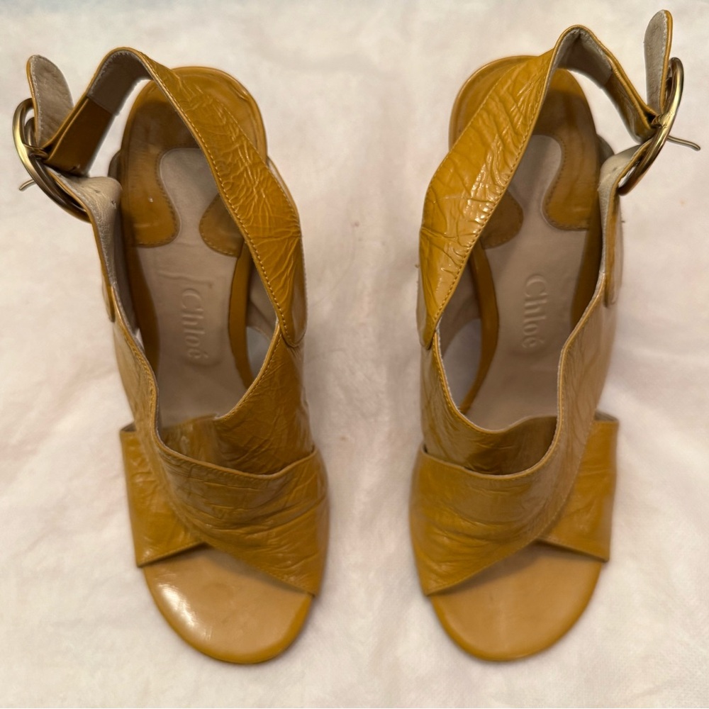 Chloe Yellow Crisscross  Block Heel  Crinkled Leather Sandals.